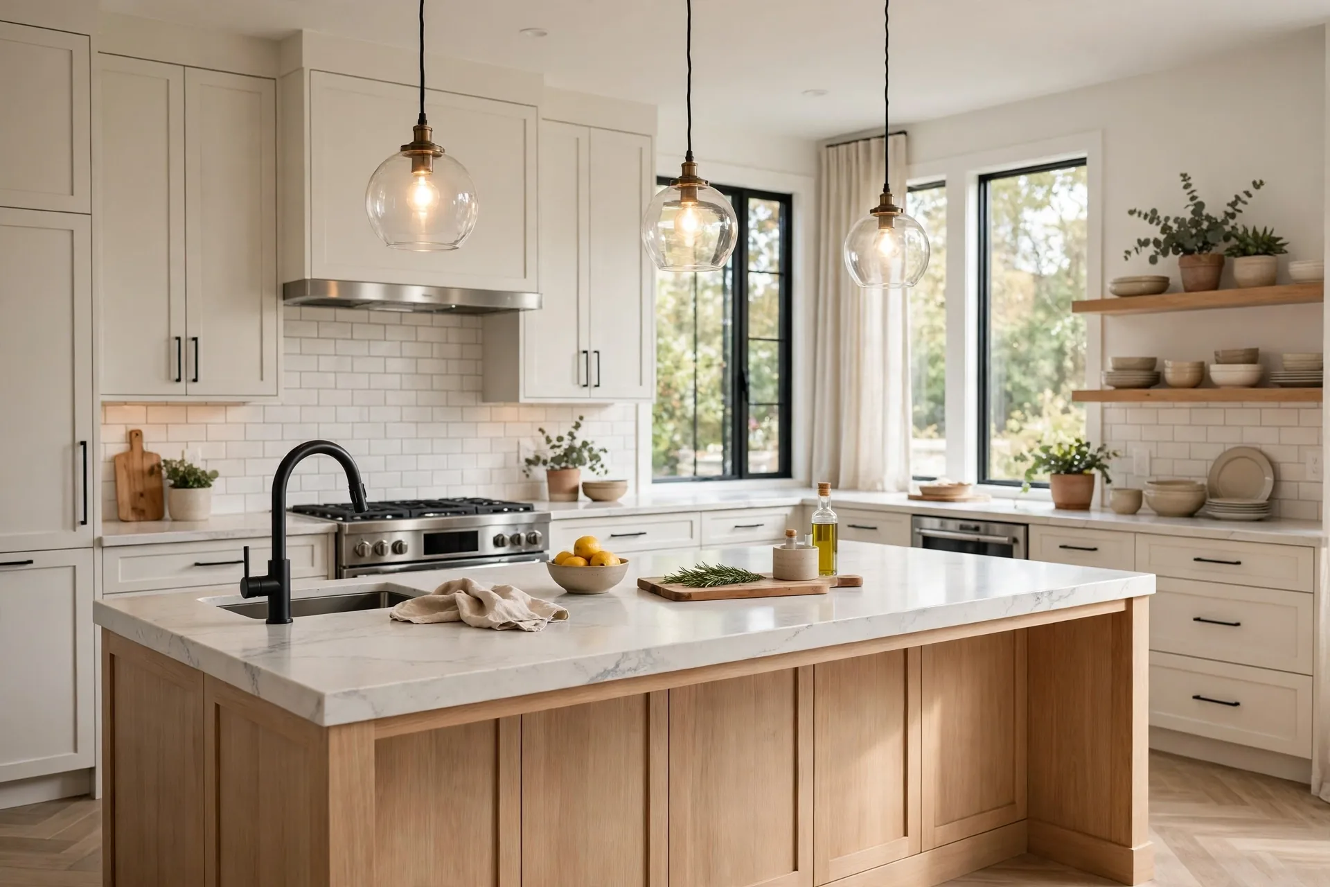 finished kitchen renovation in Port Coquitlam BC with shaker cabinets, quartz island and stainless appliances