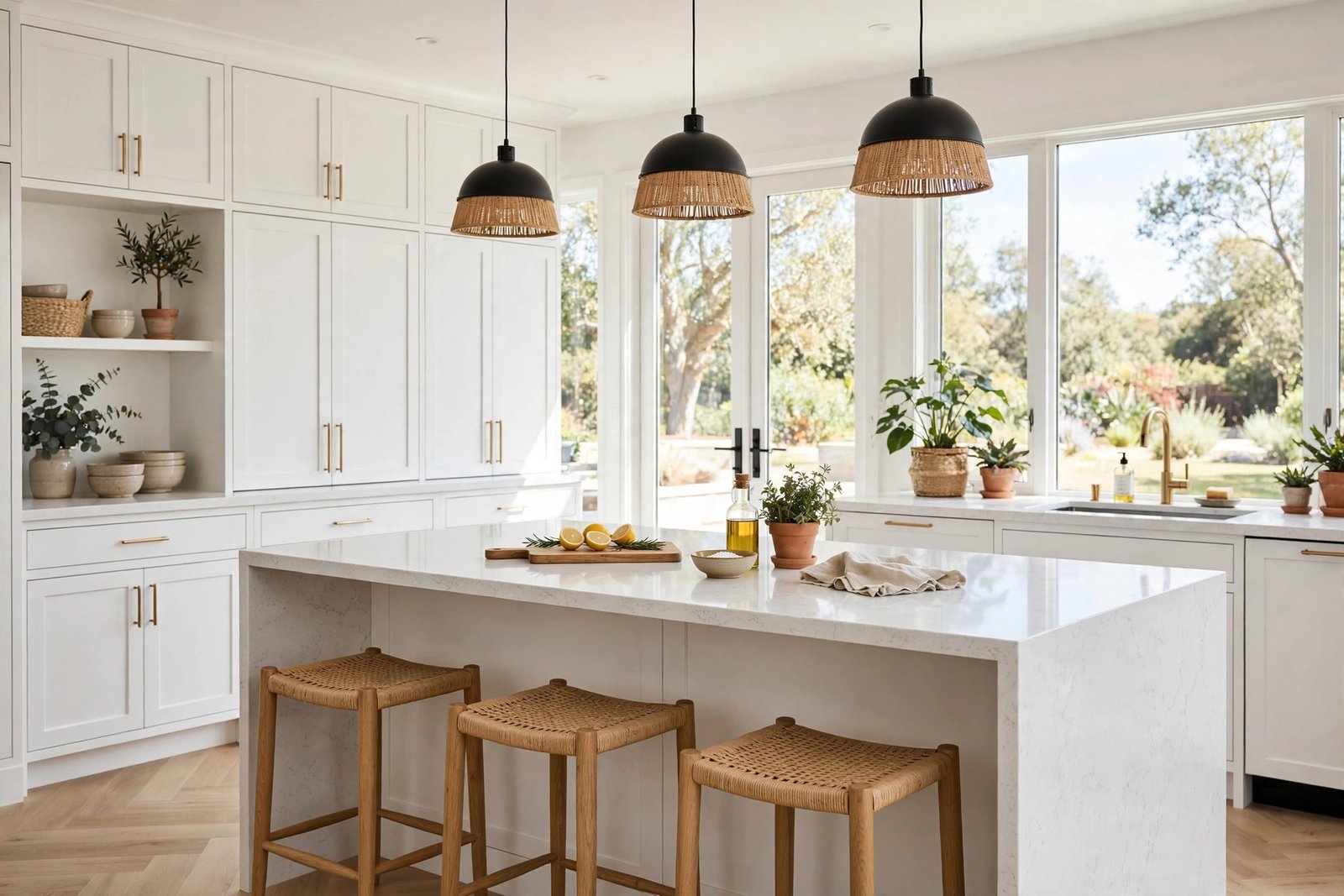white shaker kitchen cabinets with quartz island in a renovated Surrey BC home