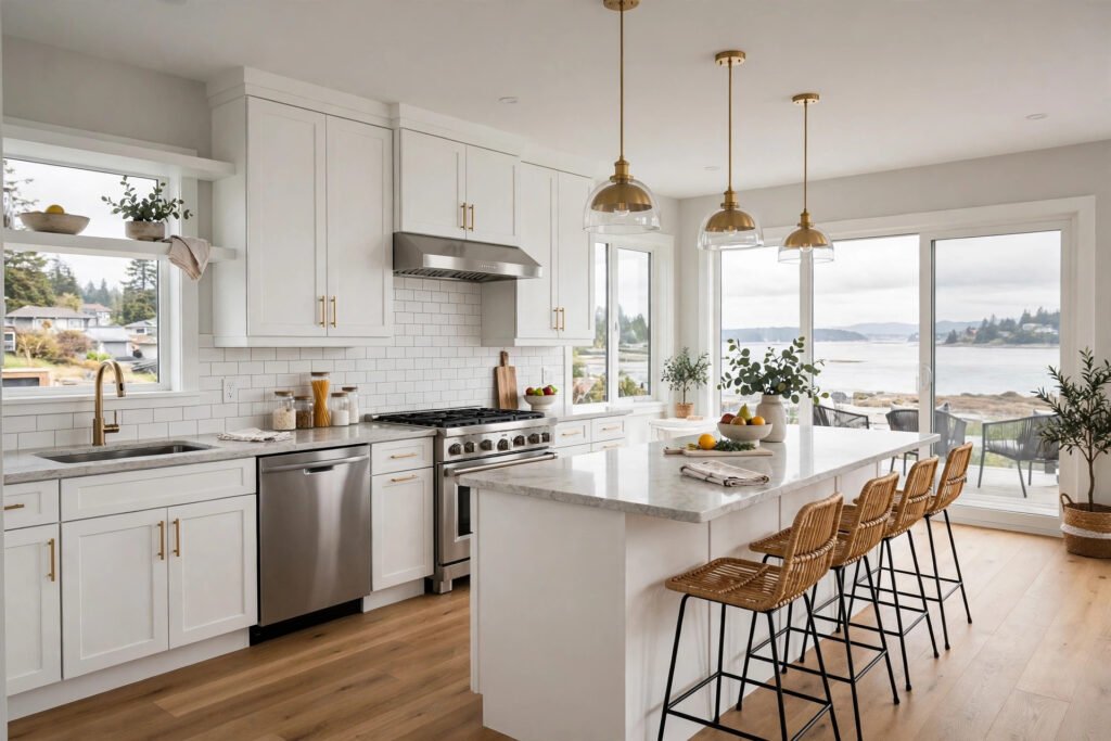 kitchen renovation cost White Rock BC — renovated kitchen with shaker cabinets and quartz island in a White Rock BC home