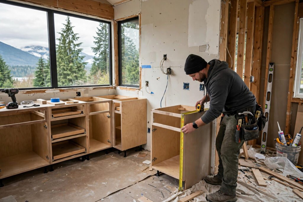 Contractor measuring cabinetry layout during a kitchen renovation in South Surrey BC