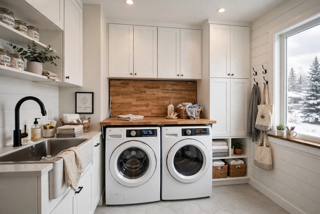 laundry room renovation cost BC — renovated laundry room with cabinets, folding counter and front load washer and dryer in a BC home