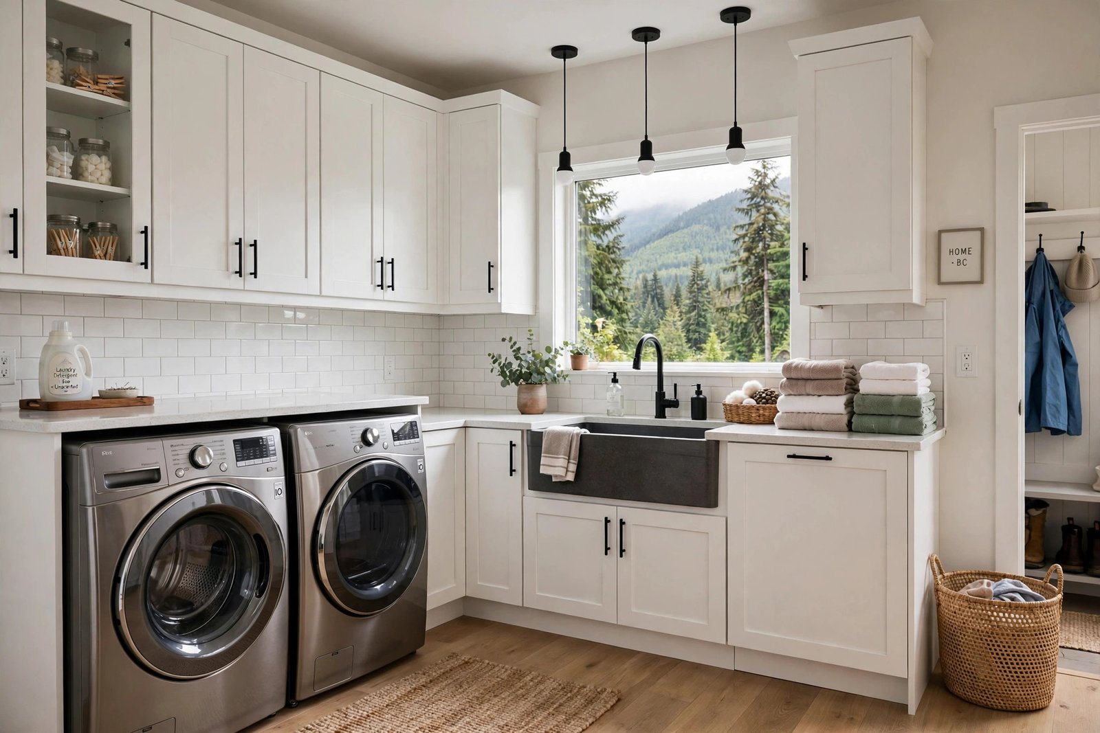 Bright laundry and entry room with white cabinets, wall hooks and a large window