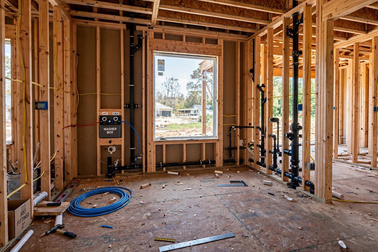 new main floor laundry room under construction with plumbing rough-in, drain lines and venting visible in open wall framing