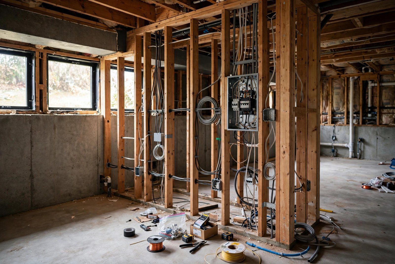unfinished basement with exposed framing being upgraded to meet building code