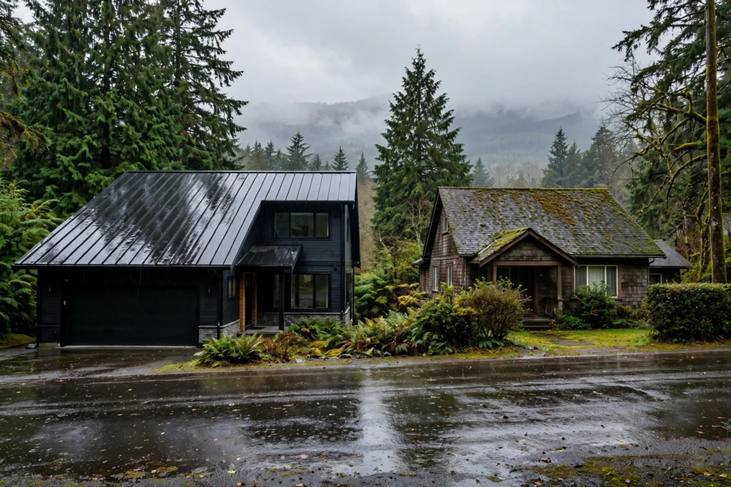 metal roof vs asphalt shingles BC — standing seam metal roof and asphalt shingle roof on neighbouring BC homes