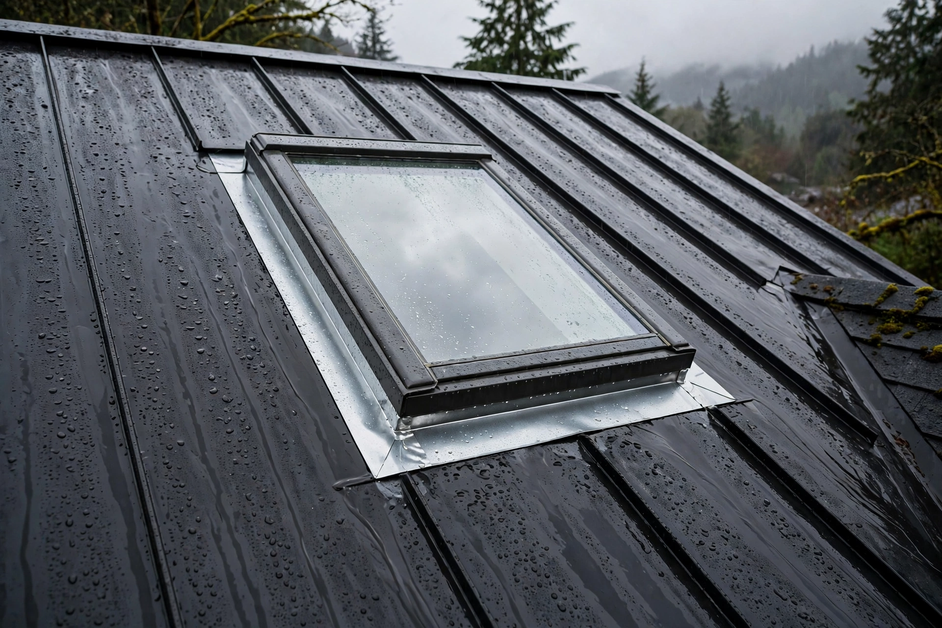 Metal roof flashing and skylight detail on a Fraser Valley home