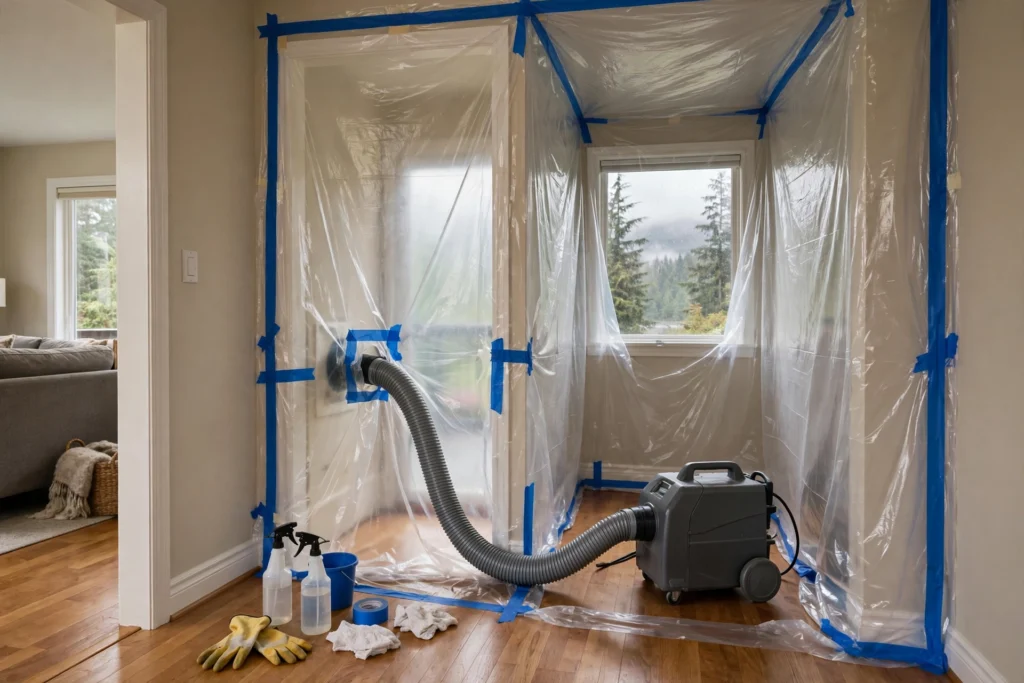 mold remediation cost BC — sealed containment area with negative air machine during mould remediation in a BC home