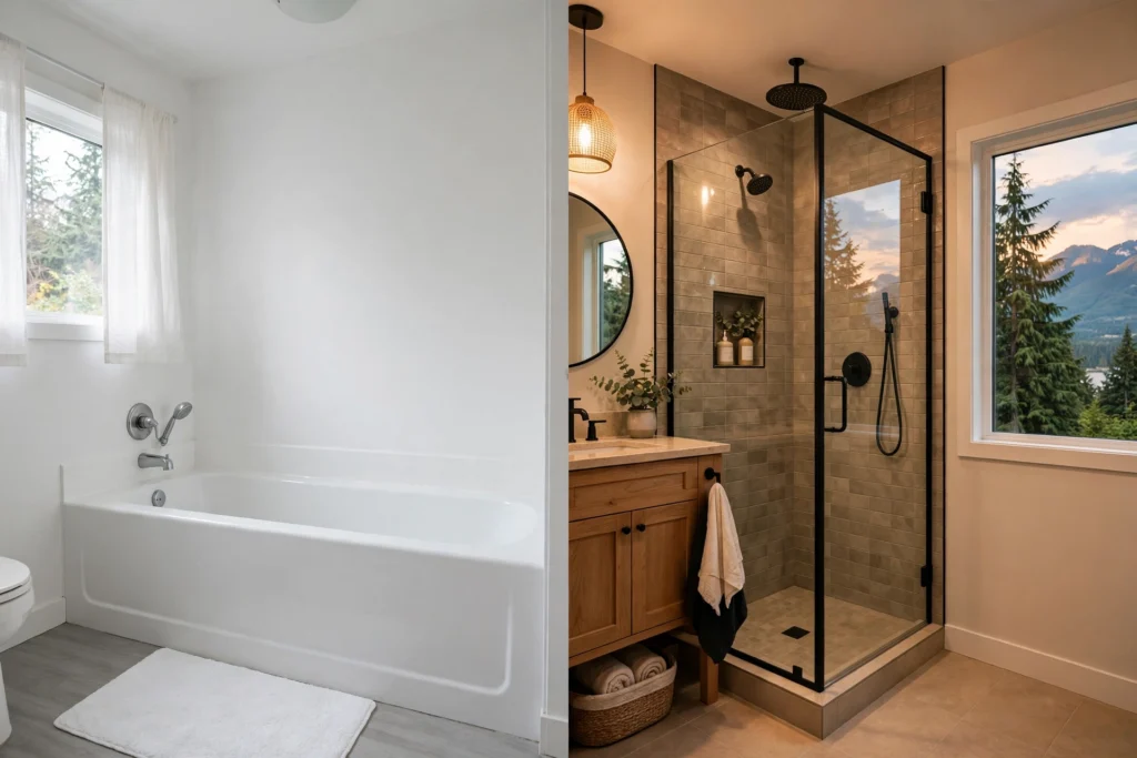 one day bathroom remodel vs full renovation — acrylic tub surround refresh compared with a fully tiled renovated bathroom in a BC home