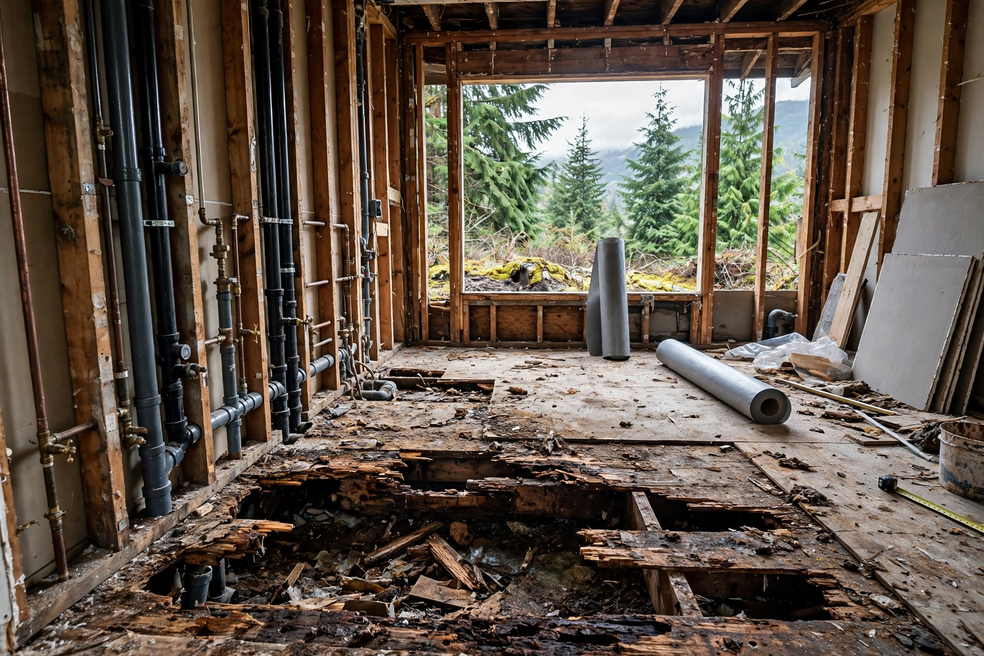 exposed bathroom wall during a full renovation in a Fraser Valley home