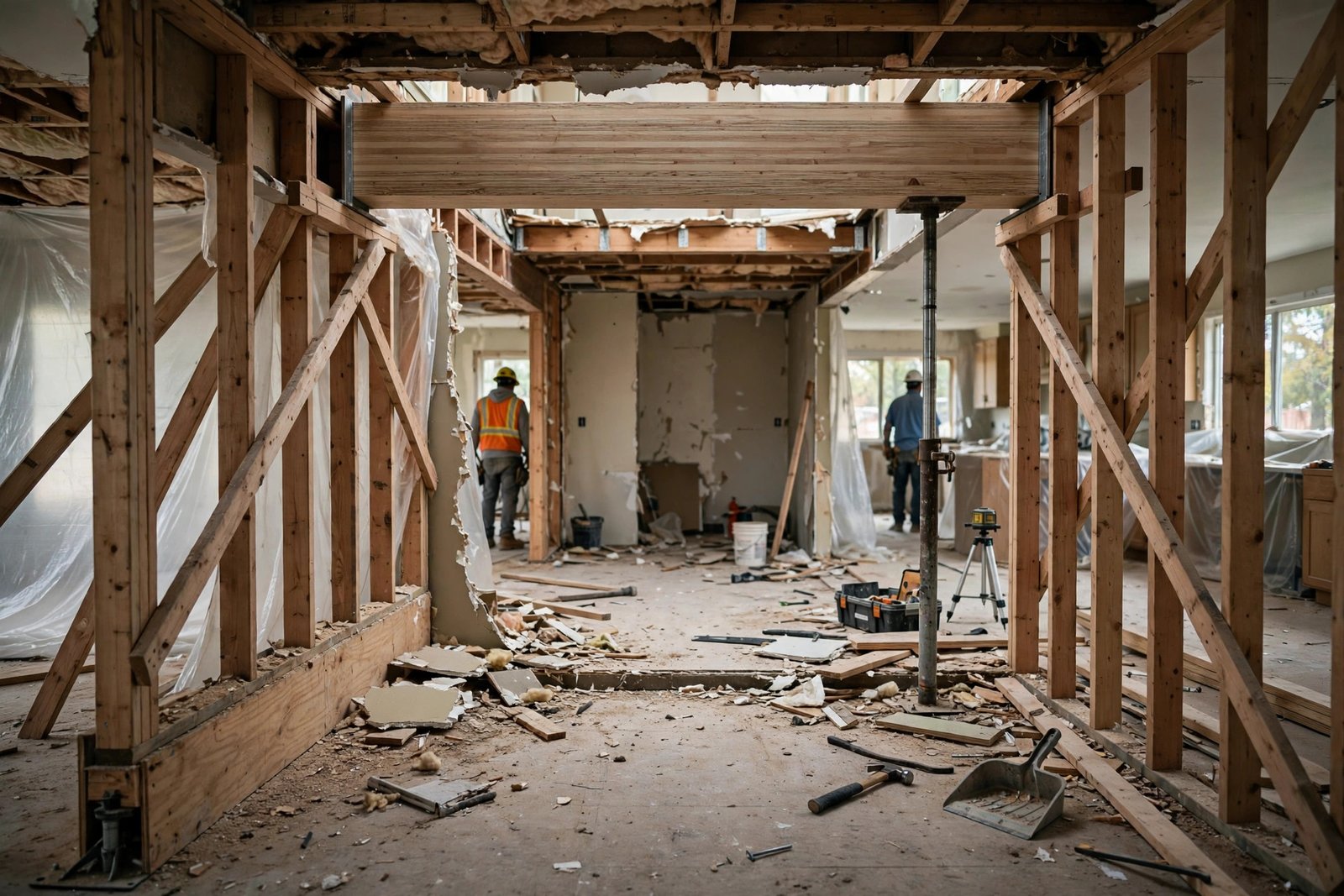 LVL beam installation during load-bearing wall removal with temporary support walls in place