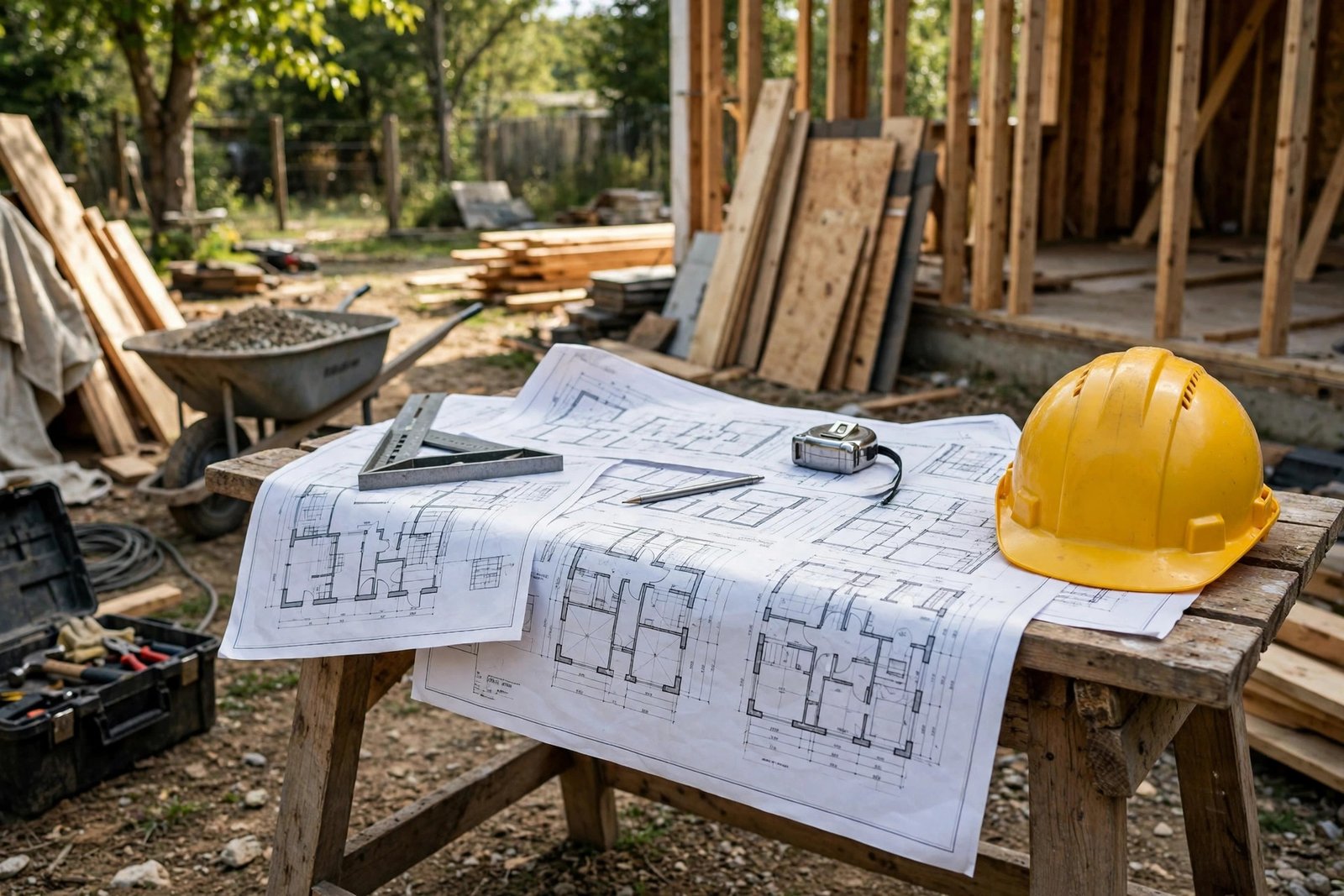 structural engineering drawings spread on a sawhorse at a home renovation site
