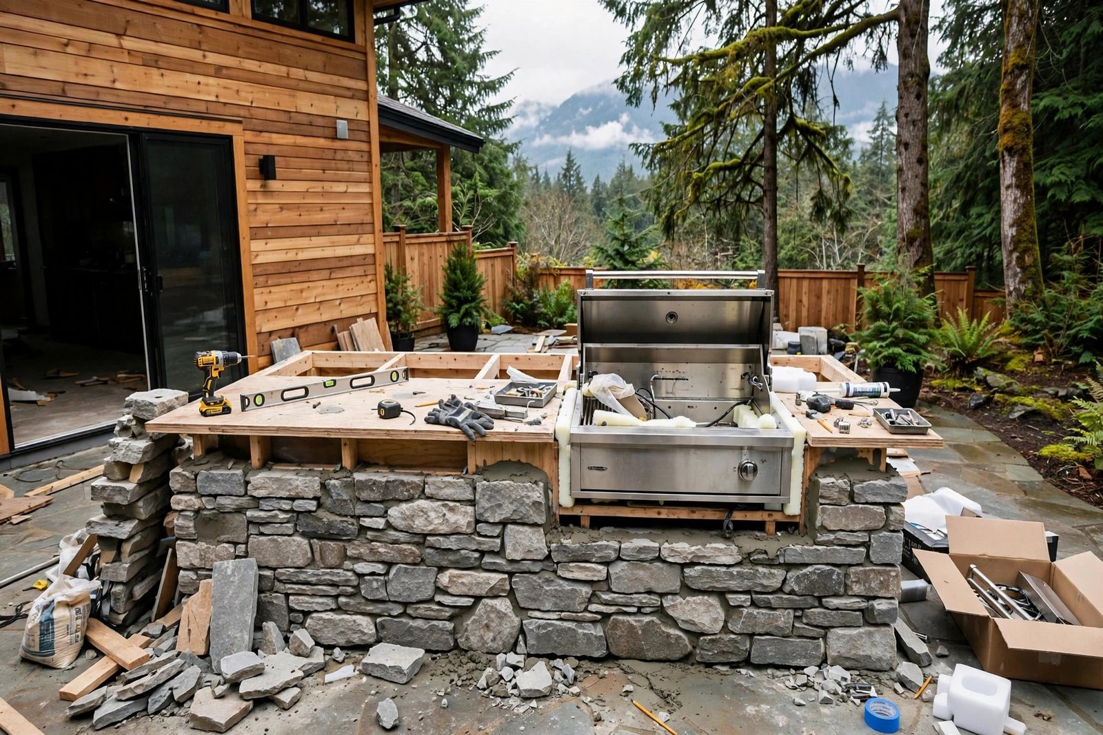 outdoor kitchen island under construction on a BC patio with stone veneer base and grill head being fitted before countertop installation