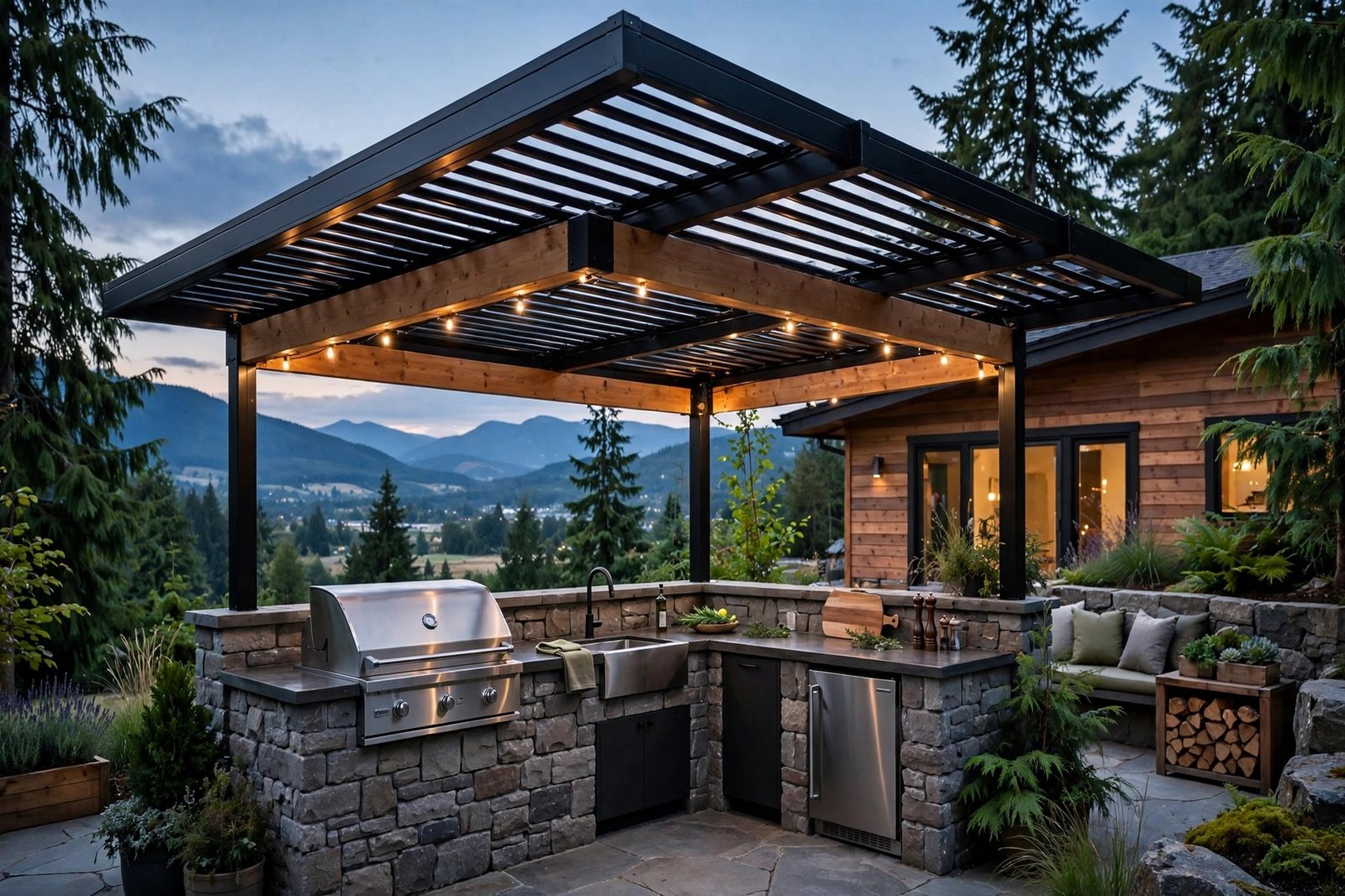 finished covered outdoor kitchen in a Fraser Valley backyard with masonry grill island, sink, undercounter fridge and louvred roof cover at dusk