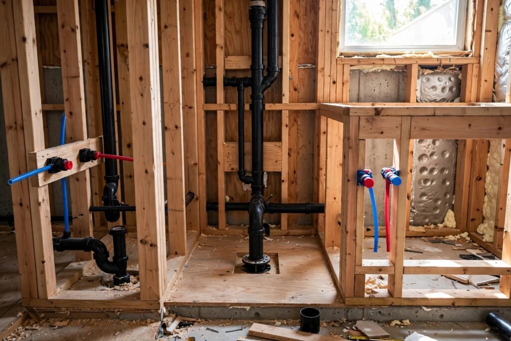 ABS drain lines and PEX water lines roughed in for a new basement bathroom in BC