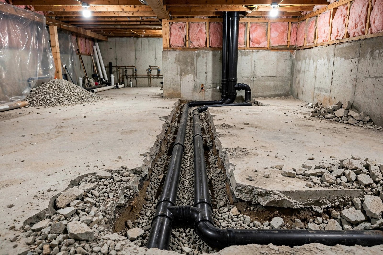 Trenched basement floor with new drain lines running to the main stack before concrete repair