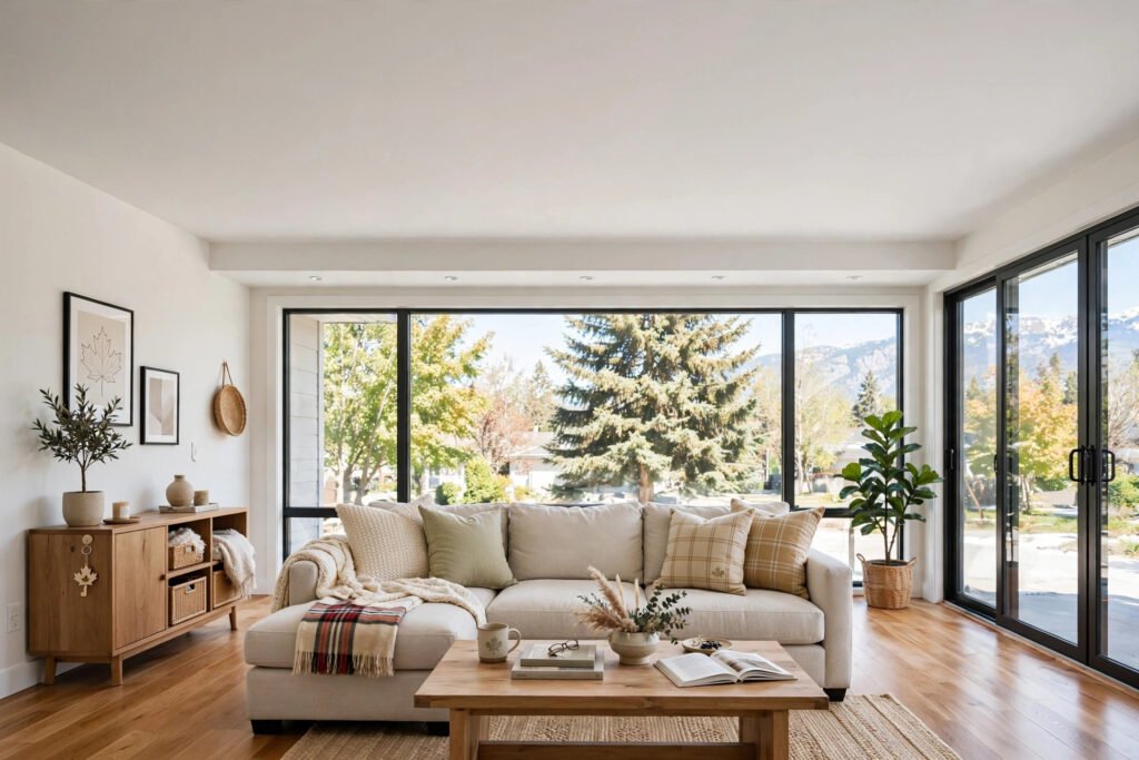 popcorn ceiling removal cost BC — smooth freshly skim coated ceiling in a renovated BC home living room