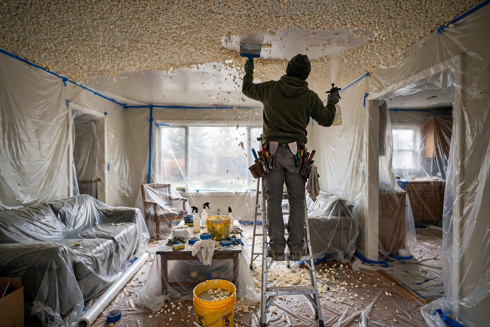 worker wet-scraping popcorn texture from a ceiling in a BC home with the room masked in plastic sheeting