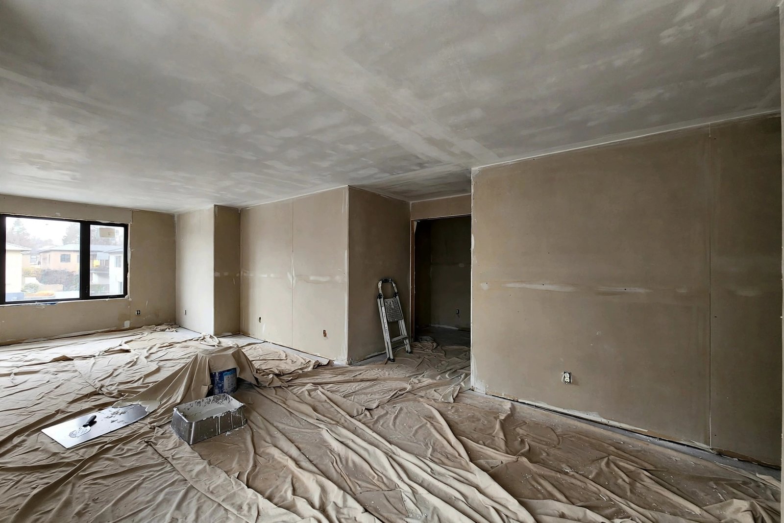freshly skim coated smooth ceiling drying in a renovated BC living room before priming and painting