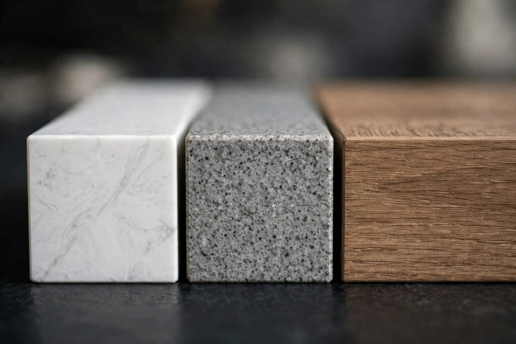 Quartz vs granite vs laminate countertop samples compared