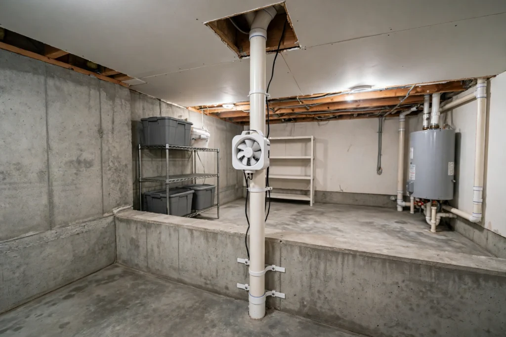 radon mitigation cost BC — sub-slab depressurization system with vent pipe and fan installed in a BC home basement