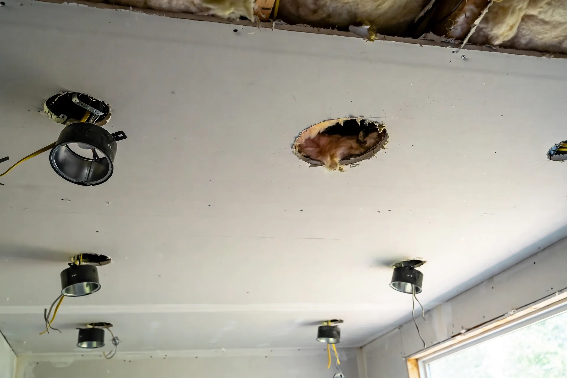 electrician installing LED recessed pot lights in a BC home ceiling with attic access and insulation visible above
