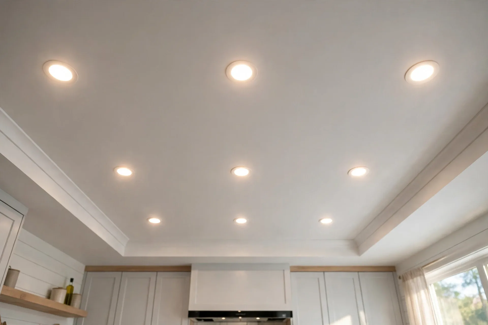 finished living room in a BC home with newly installed LED recessed pot lights glowing warmly in the evening