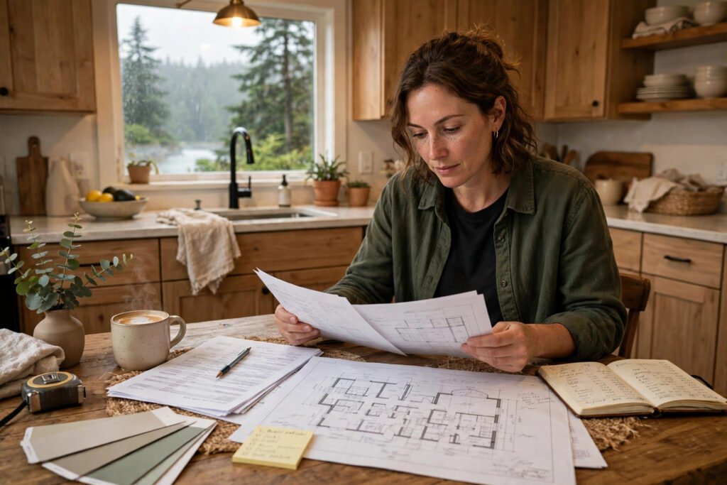 renovate or sell my home BC — homeowner reviewing renovation plans and budget at a kitchen table