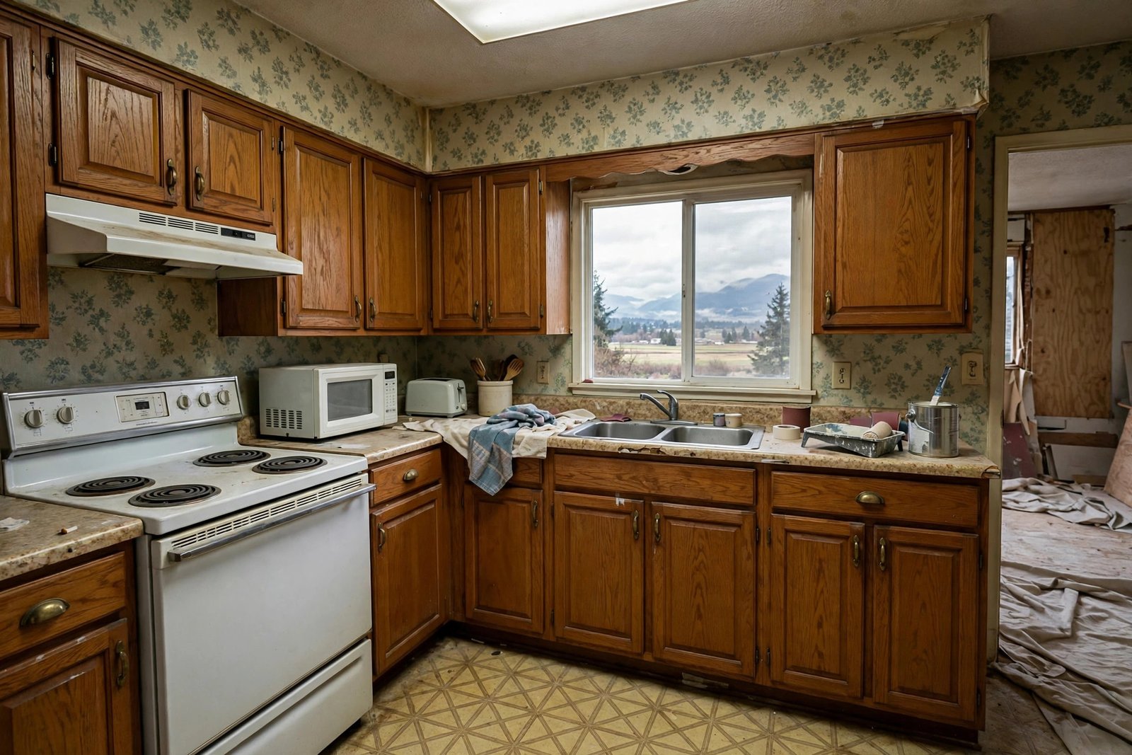 Dated kitchen awaiting renovation inside a detached Fraser Valley home in Abbotsford BC