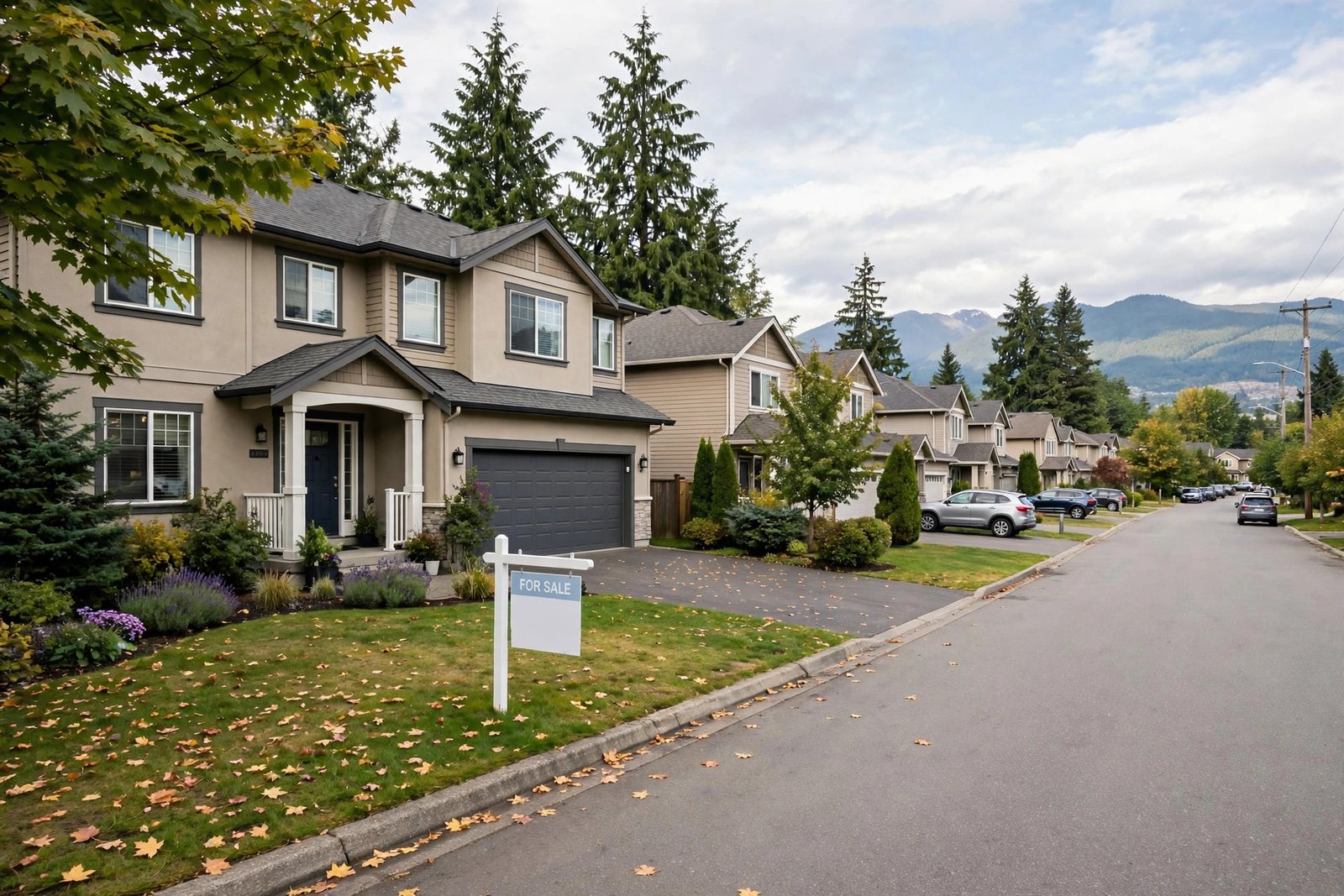 Detached home with for-sale sign on a quiet residential street in Abbotsford, Fraser Valley BC