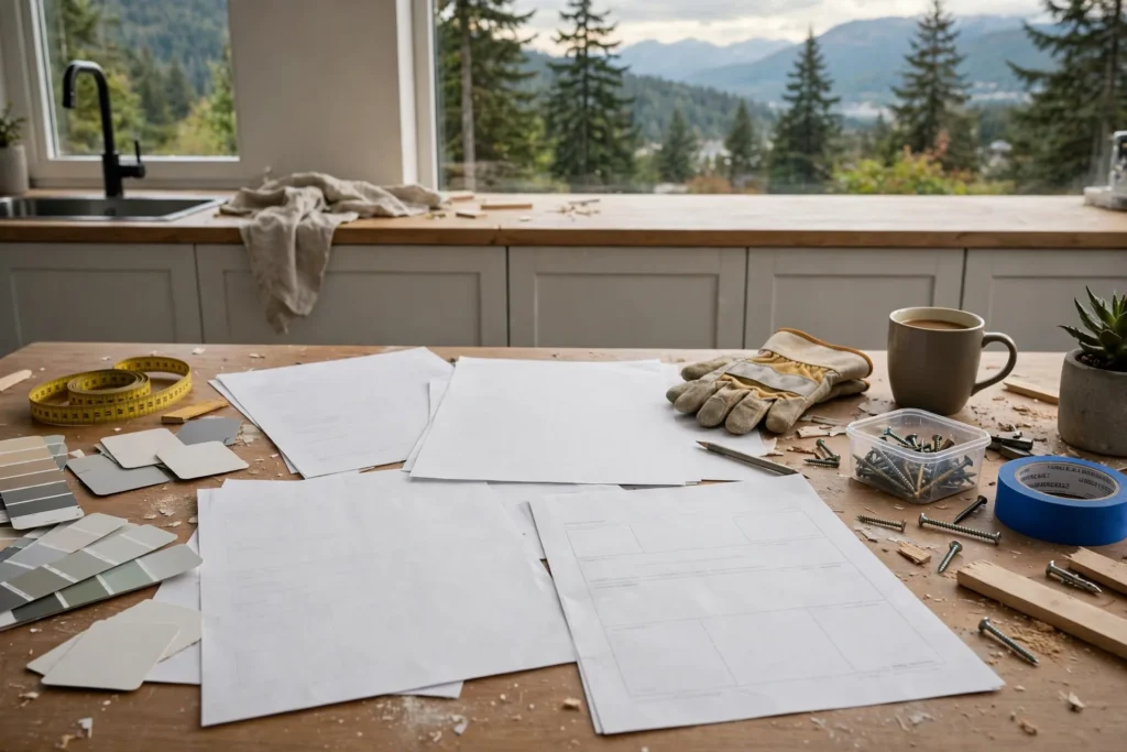 home renovation insurance BC — renovation contract and insurance documents on a kitchen table during a BC home renovation