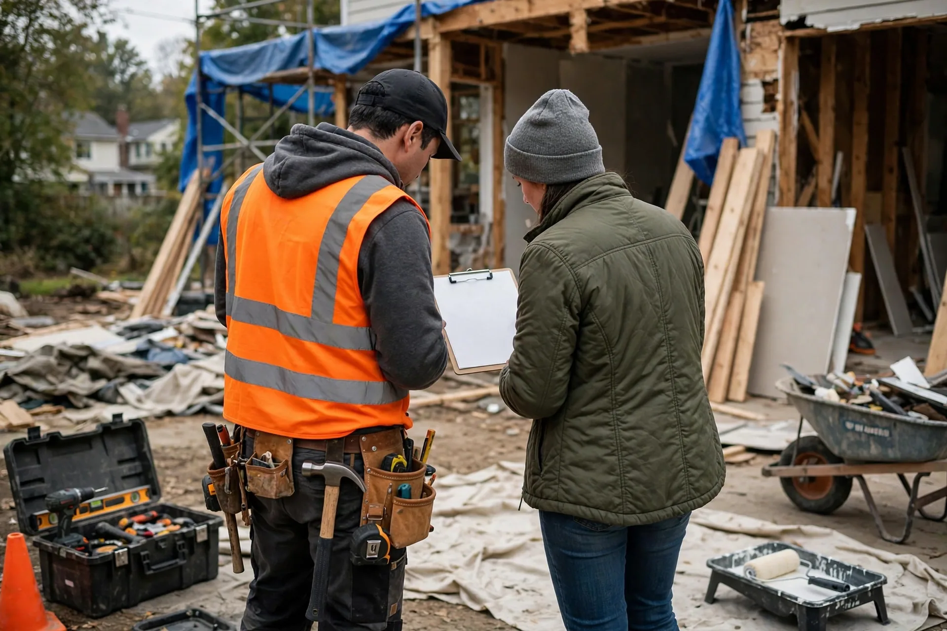 homeowner reviewing home renovation insurance documents with a broker before construction begins in BC