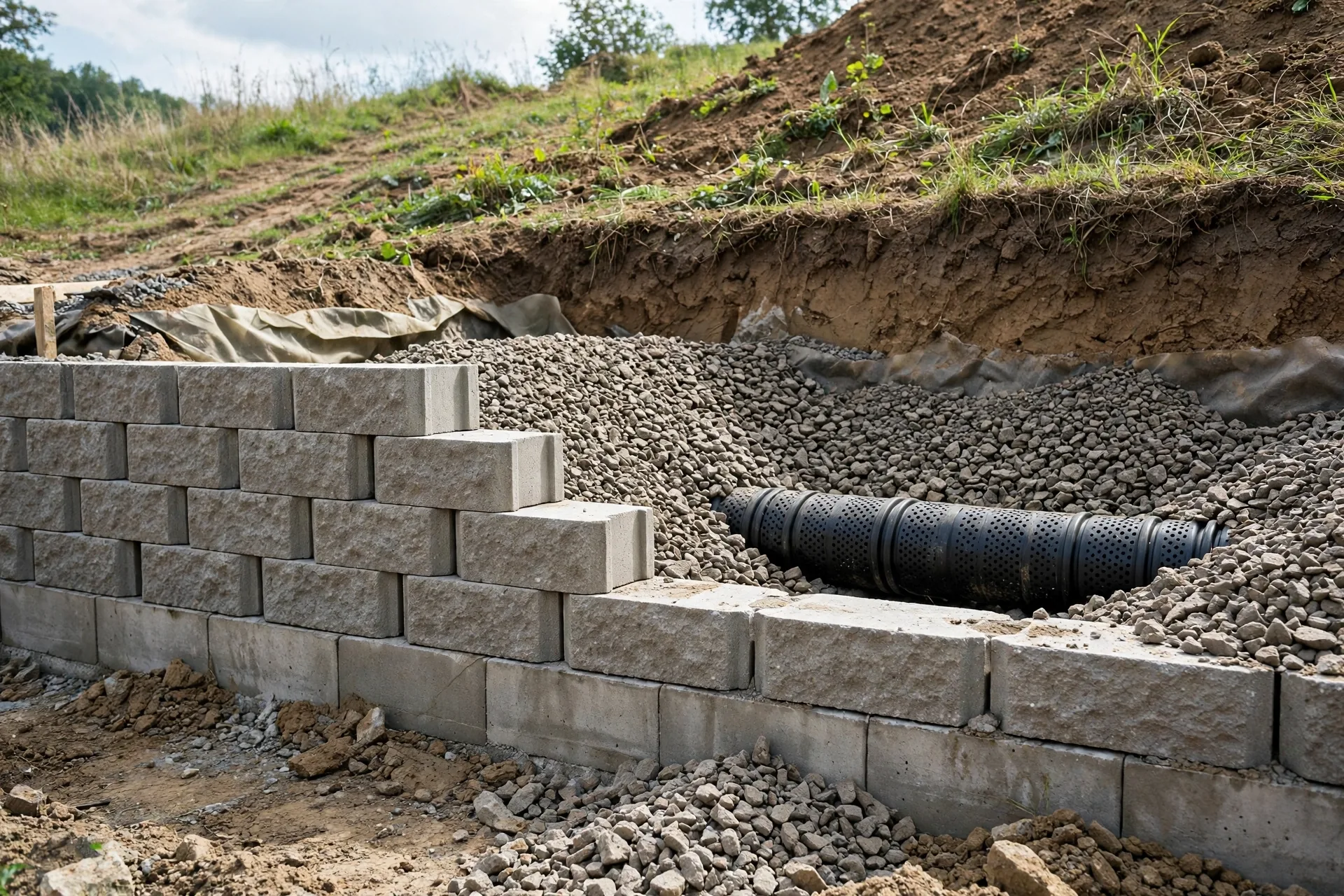 segmental concrete block retaining wall under construction in BC with geogrid reinforcement and gravel backfill visible
