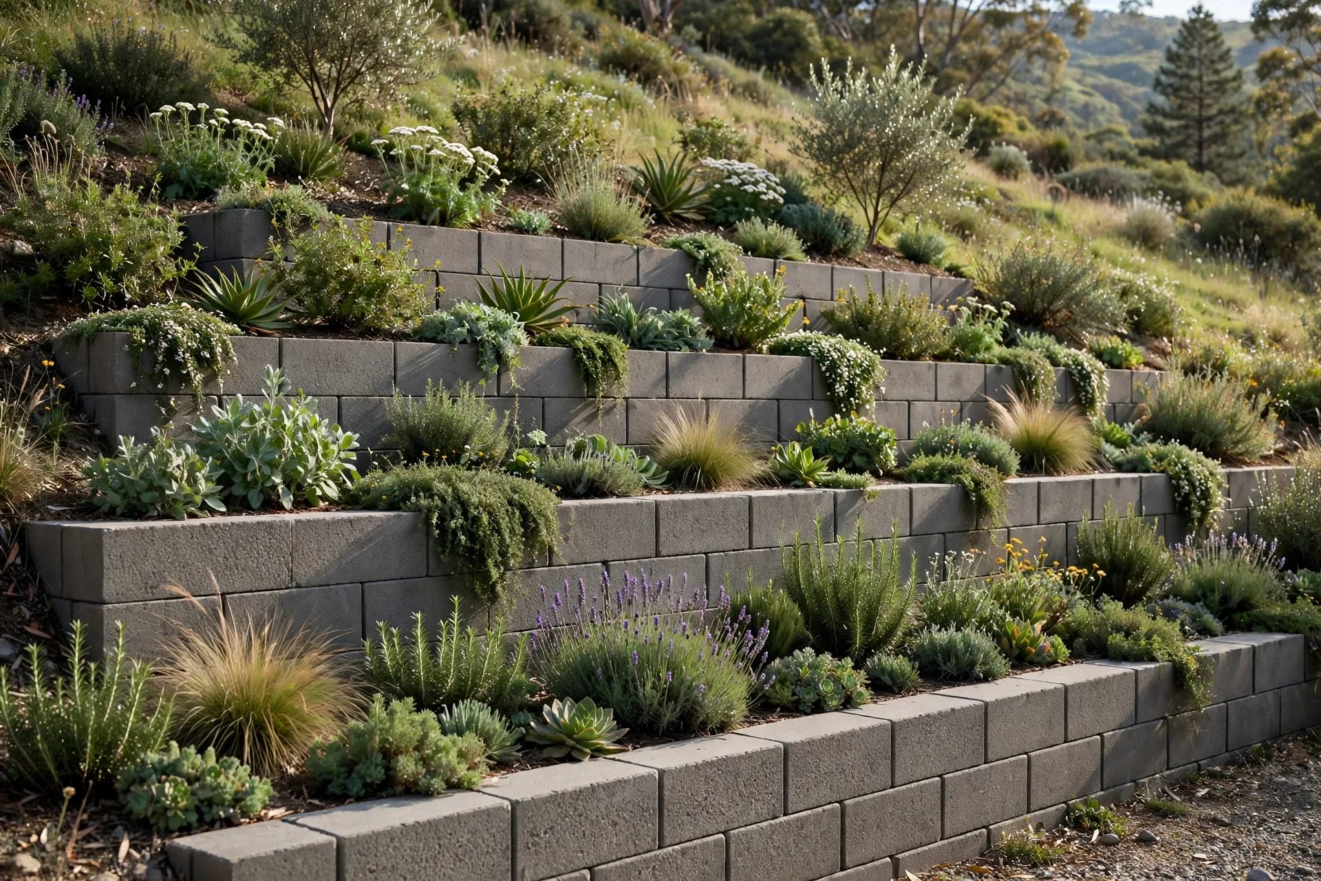 finished terraced retaining walls with planting beds in a sloped BC backyard