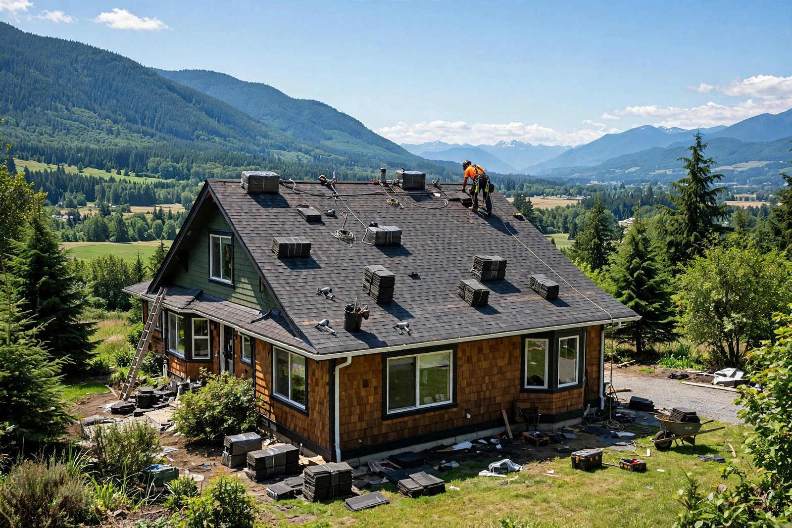 roofer installing architectural asphalt shingles on a Fraser Valley home