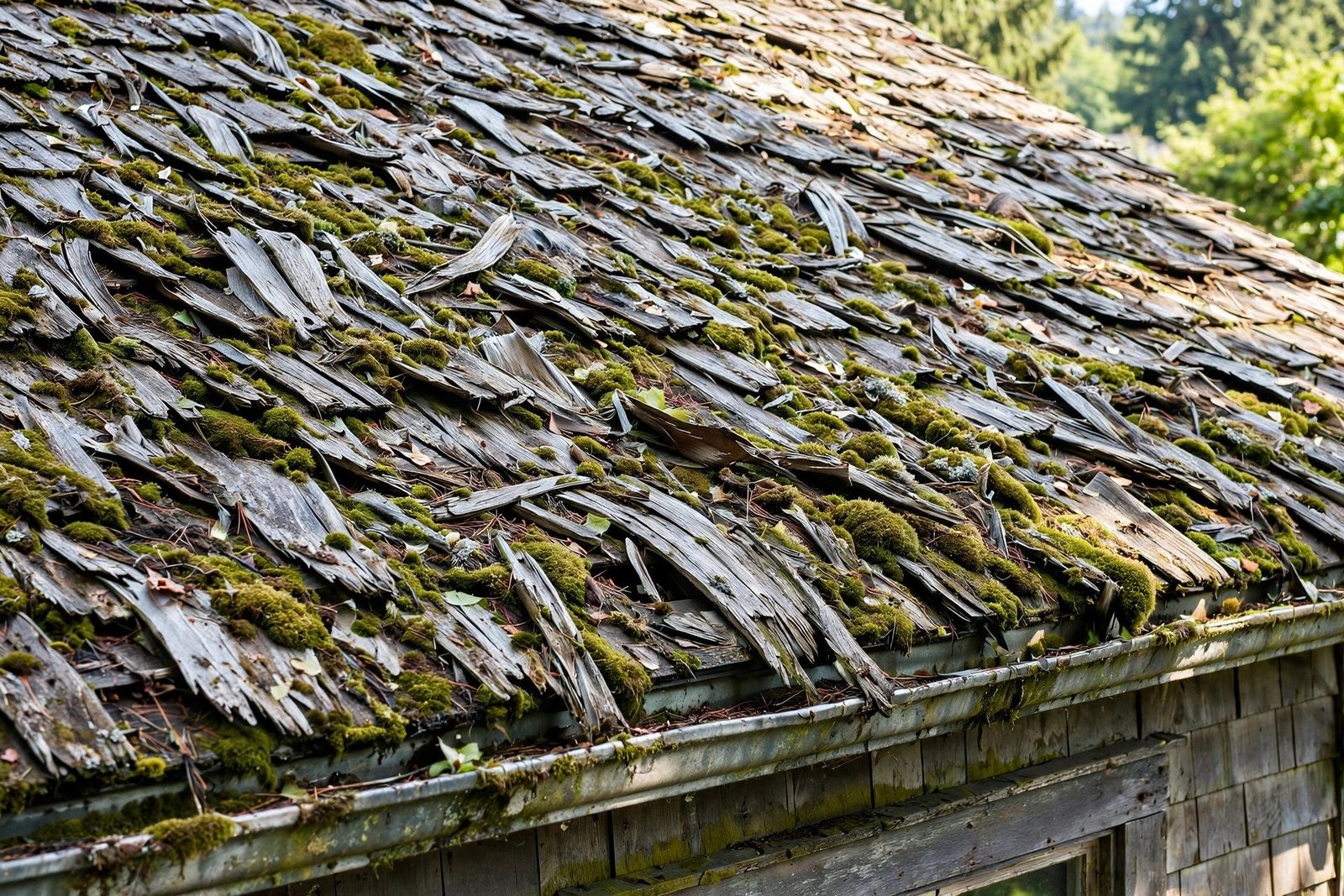 weathered cedar shake roof with moss growth on an older Abbotsford home