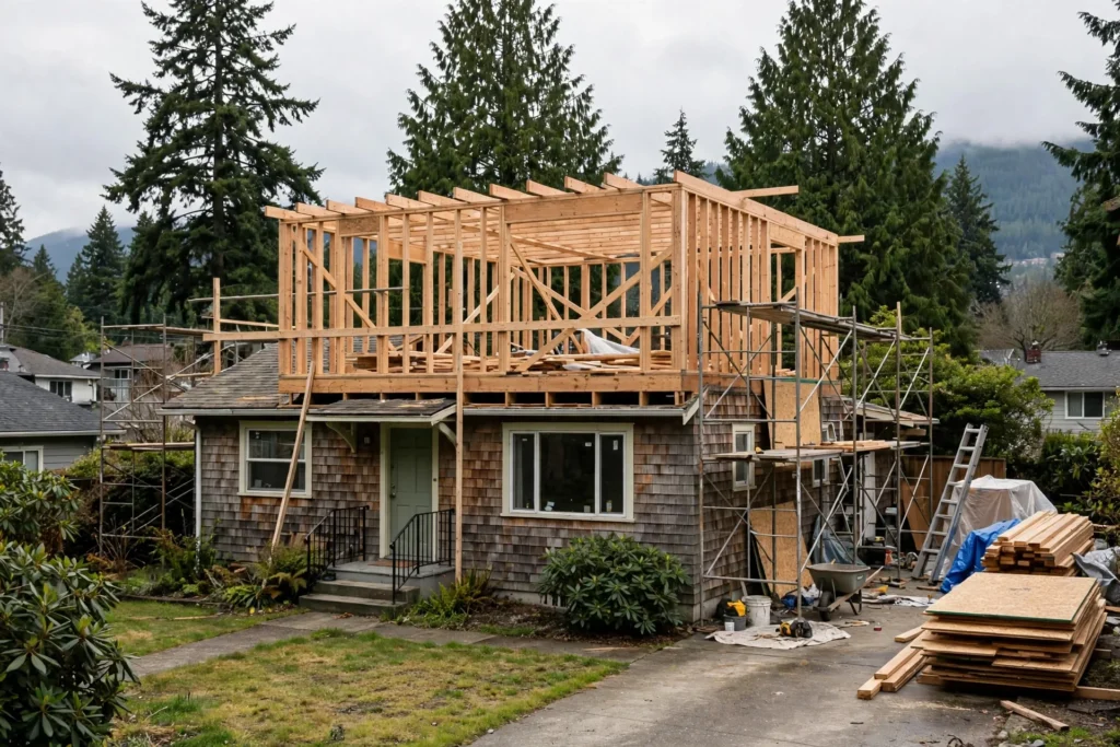 second storey addition cost BC — second floor addition under construction on a BC home