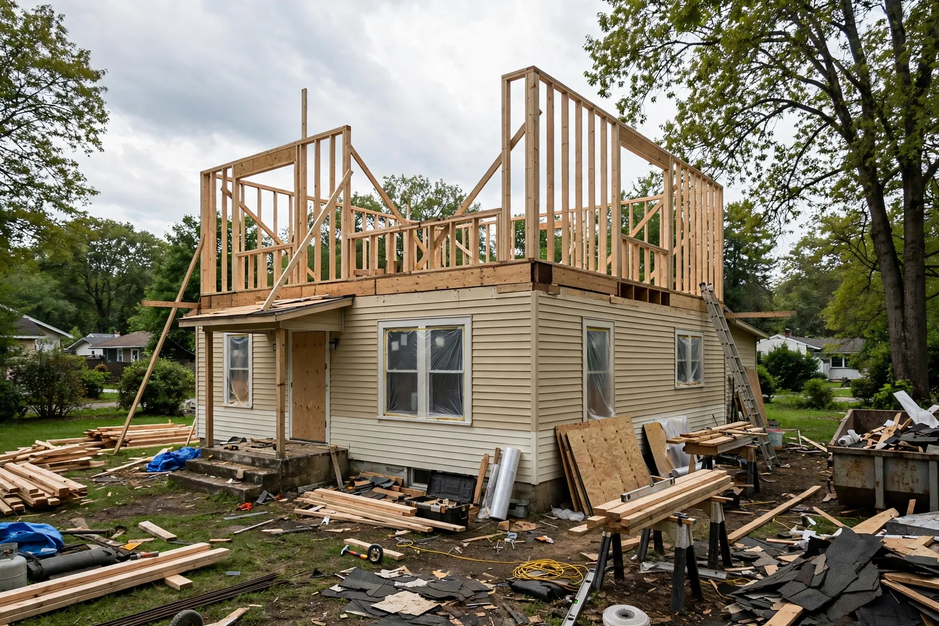 second storey addition under construction on a BC bungalow with new floor framing and wall sheathing going up over the original house