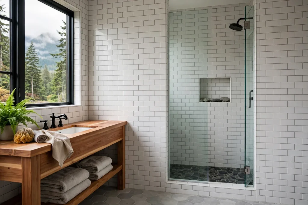 shower door installation cost BC — frameless glass shower door installed in a tiled BC bathroom