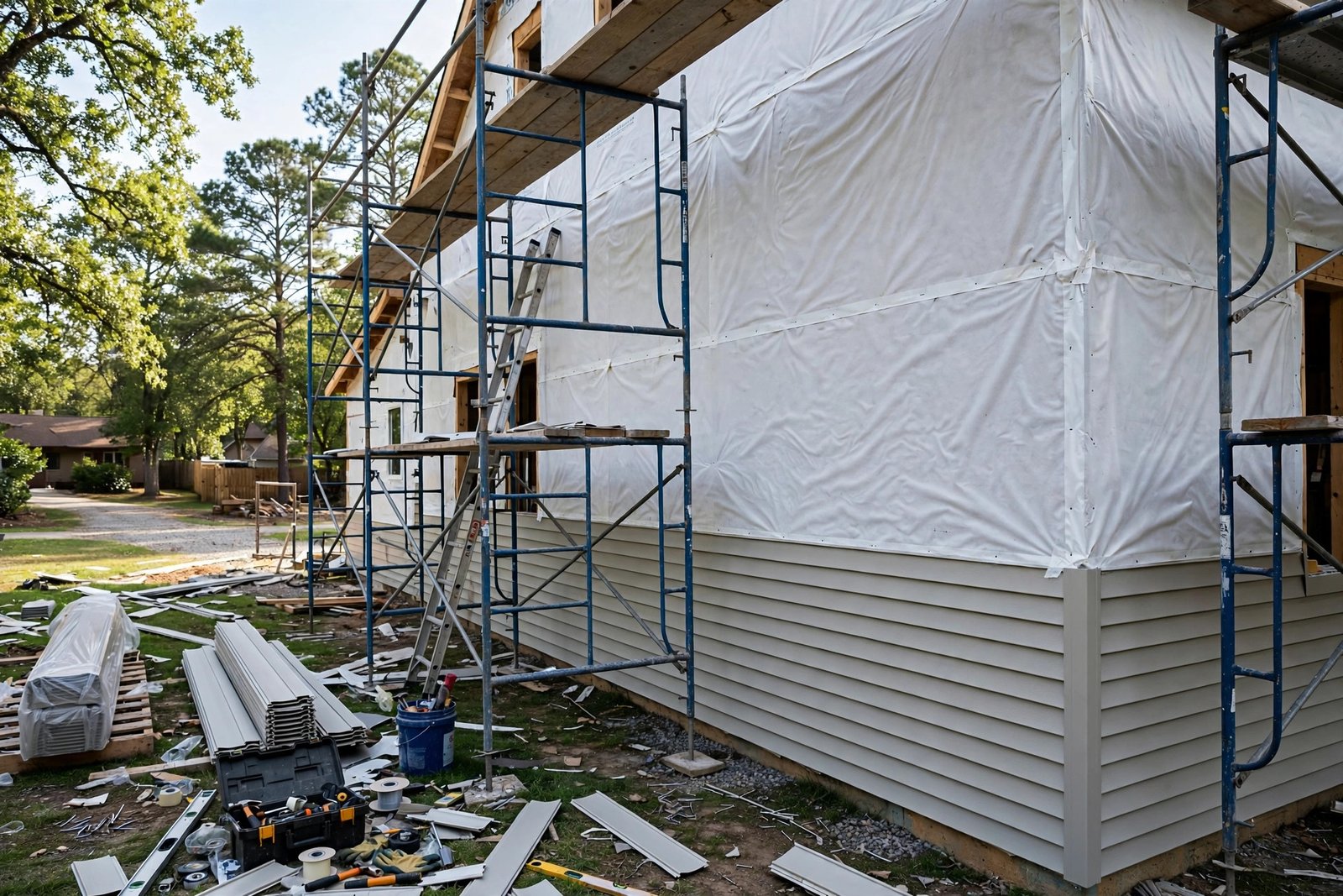 siding installation in progress on a BC home with house wrap visible on the wall