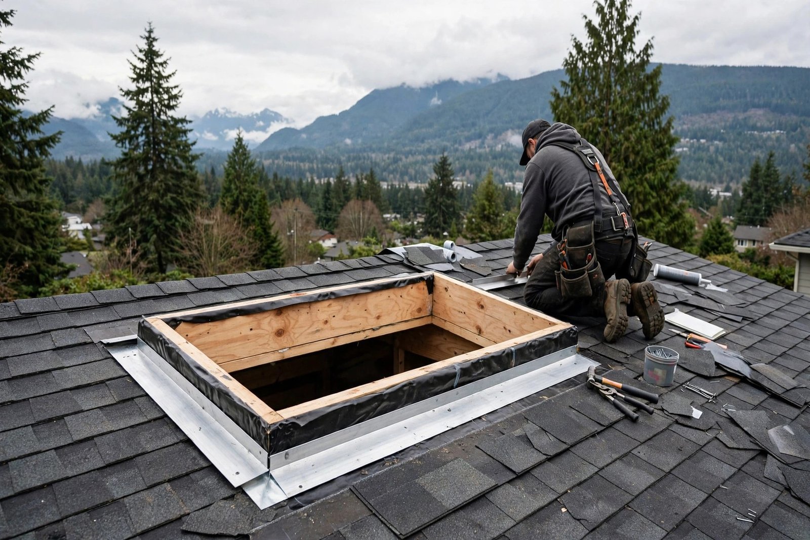 roofer installing step flashing around a new skylight curb on an asphalt shingle roof in BC