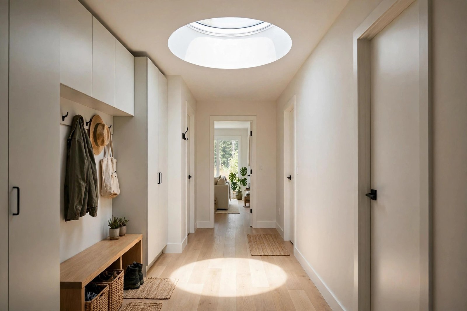 bright hallway in a BC home lit by a tubular skylight with drywalled light shaft