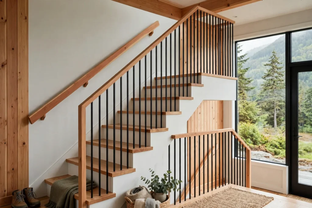 stair railing replacement cost BC — new wood and metal stair railing in a BC home