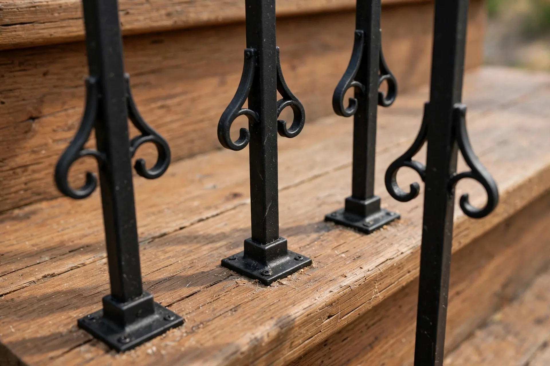 new wrought iron balusters with stained wood handrail installed on a staircase in a BC home