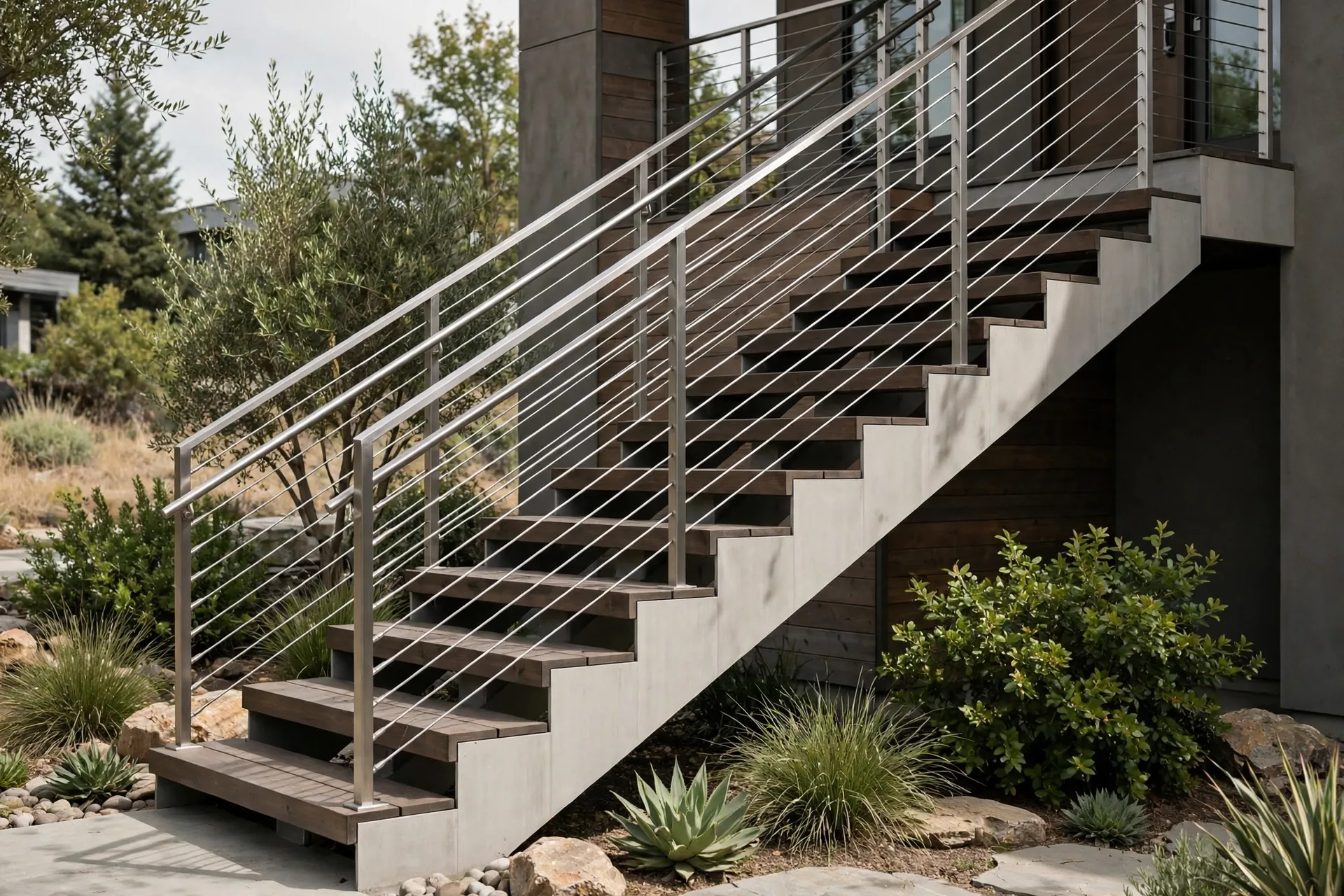 modern cable railing with wood posts on an open staircase landing in a BC home keeping sightlines open