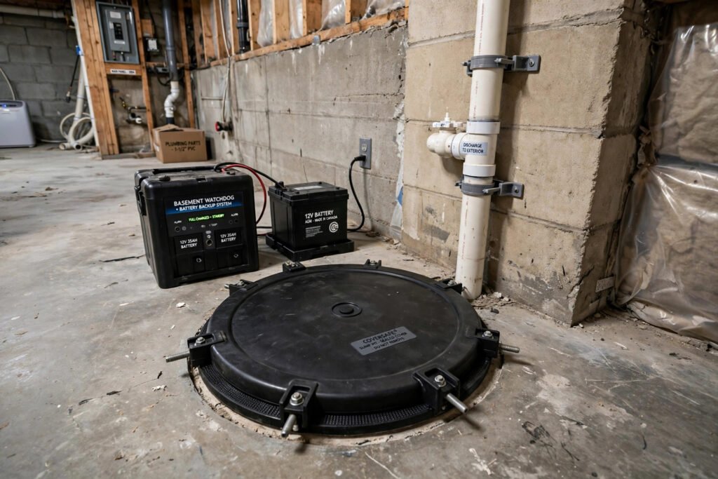 sump pump installation cost BC — sealed sump pit with battery backup system installed in a BC home basement