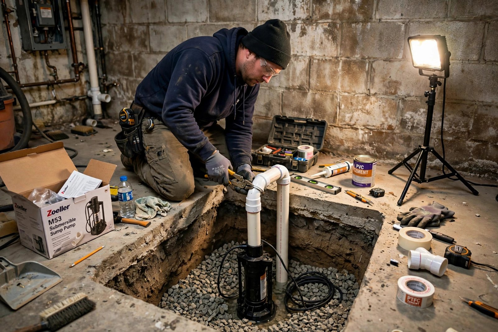 new sump pump being installed in a basement pit in a BC home with discharge piping connected
