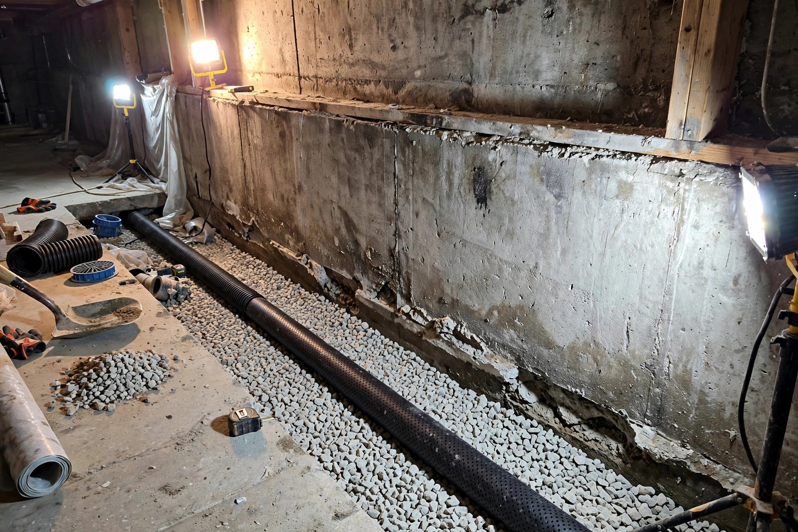 basement interior perimeter drain trench with new weeping tile being installed before a sump pump connection