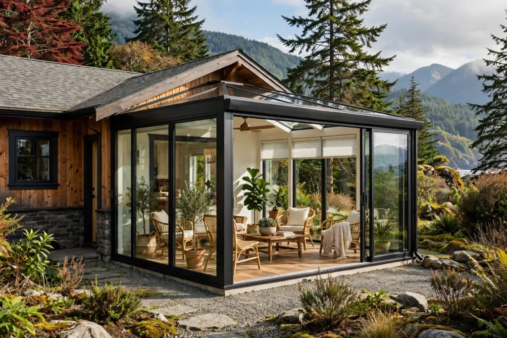 sunroom addition cost BC — bright four-season sunroom addition on a BC home