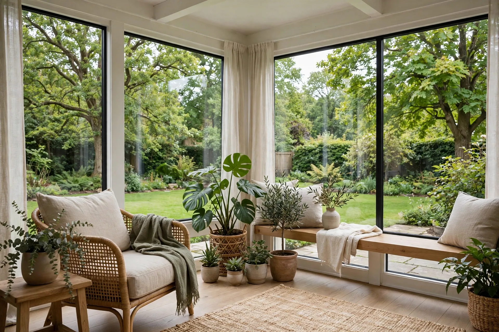 finished four-season sunroom interior in a BC home with large windows overlooking a rainy Fraser Valley garden