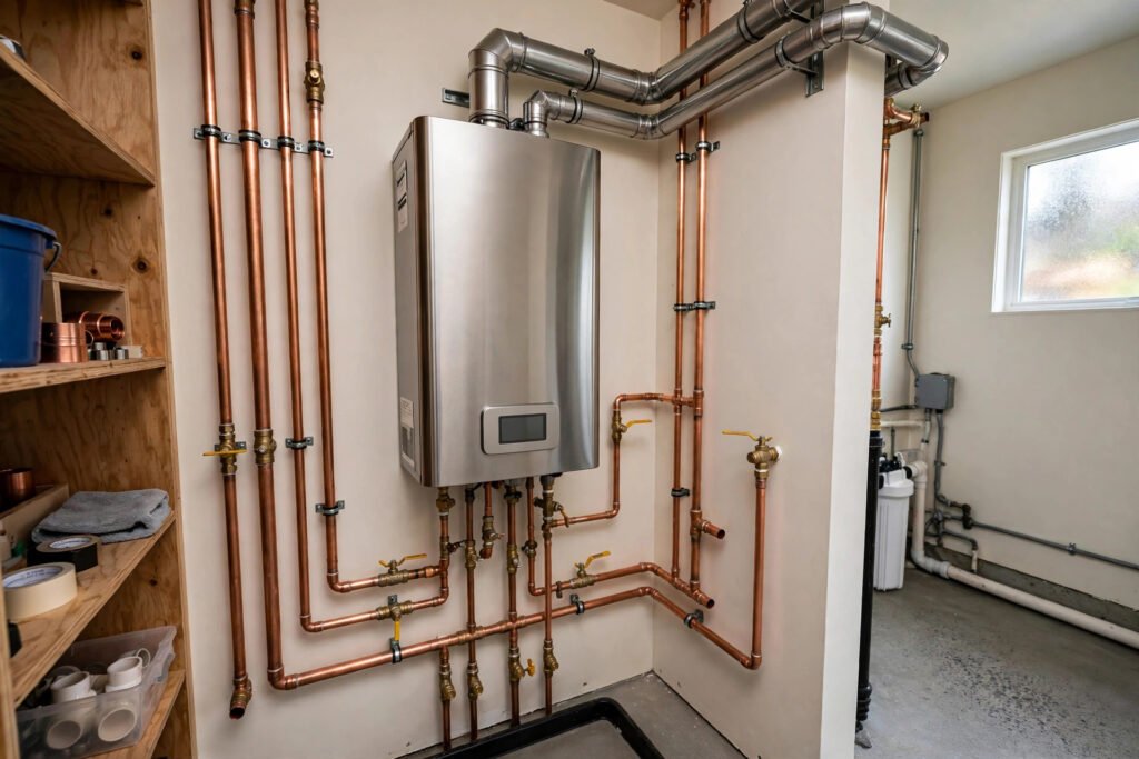 tankless water heater installation cost BC — wall-mounted tankless water heater with venting in a BC home utility room
